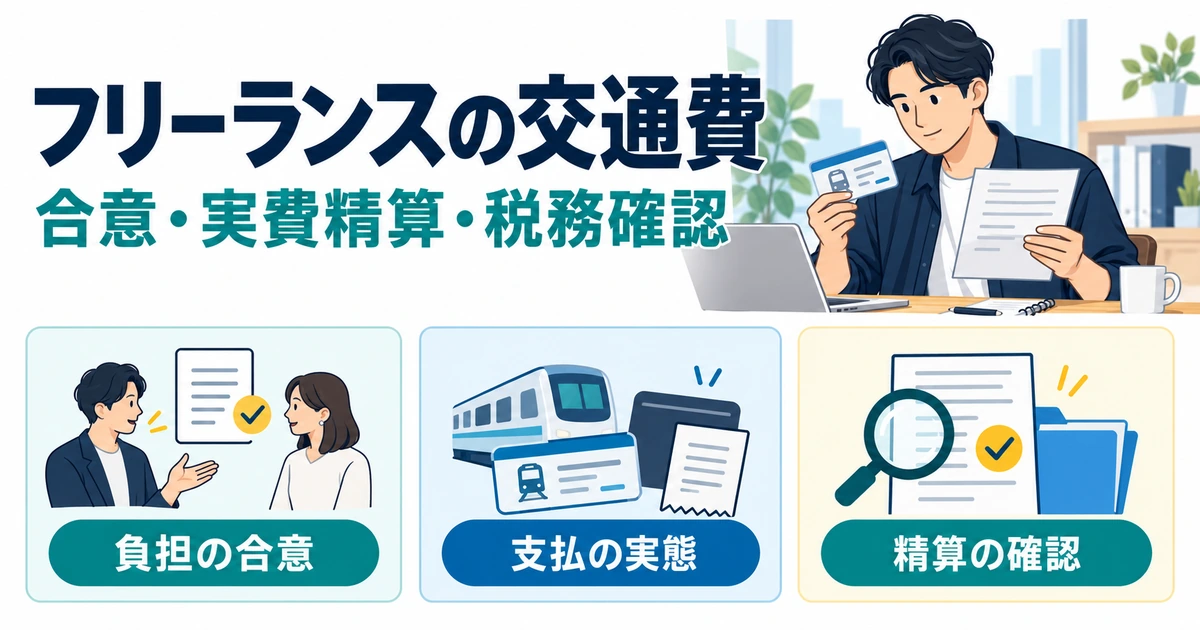 フリーランスの交通費について負担の合意、支払の実態、精算の確認を整理する図