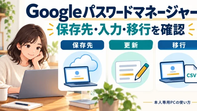 本人専用PCでGoogleパスワードマネージャーの保存先、更新、移行を確認するガイド