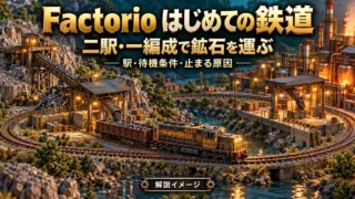 一編成の鉱石列車と二つの駅を専用ループで結ぶ鉄道の解説イメージ