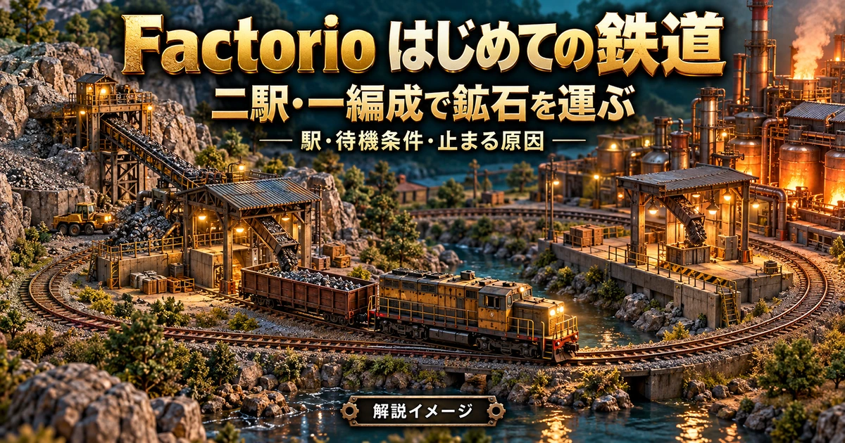 一編成の鉱石列車と二つの駅を専用ループで結ぶ鉄道の解説イメージ