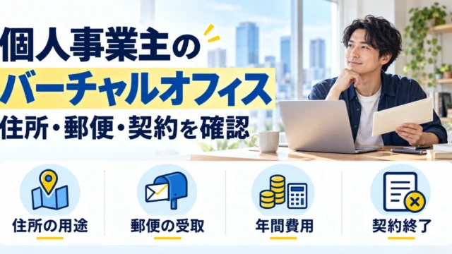 個人事業主のバーチャルオフィスで住所の用途、郵便の受取、年間費用、契約終了を確認する生成イメージ