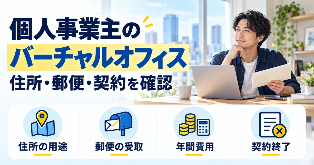 個人事業主のバーチャルオフィスで住所の用途、郵便の受取、年間費用、契約終了を確認する生成イメージ