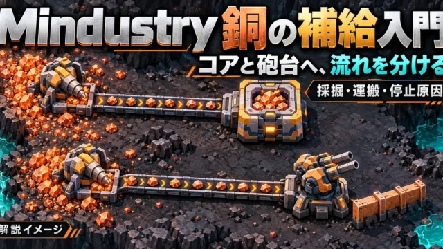 Mindustryの銅をコアとDuoへ別々に届ける二系統の補給解説イメージ
