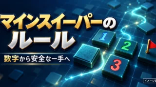 マインスイーパーのルール。数字から安全な一手へと進む立体タイルのイメージ