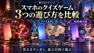 早押し・クイズRPG・短時間対戦の三つの遊び方を比べるイメージ