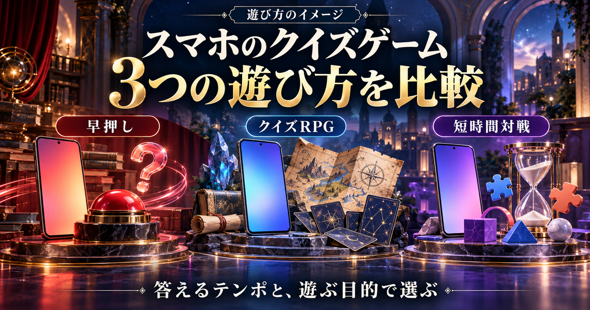 早押し・クイズRPG・短時間対戦の三つの遊び方を比べるイメージ