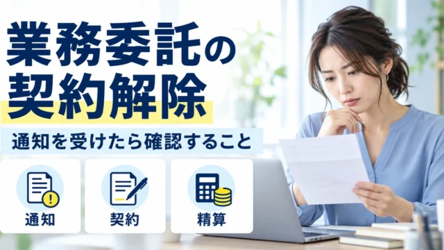 業務委託の契約解除の通知を受け、通知・契約・精算を確認する女性