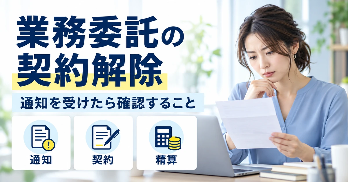 業務委託の契約解除の通知を受け、通知・契約・精算を確認する女性