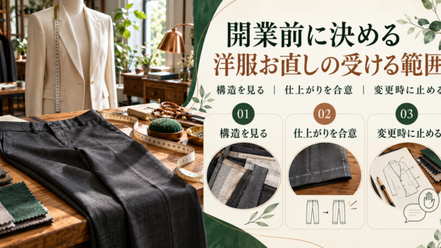 洋服お直しの開業前に、衣服の構造、仕上がりの合意、変更時の判断を整理するアトリエの図解