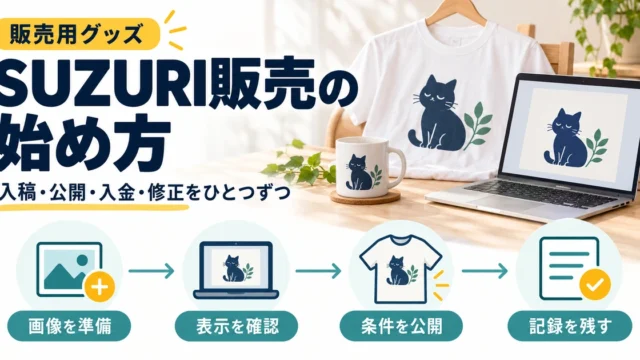 SUZURI販売の入稿、公開、入金、修正の手順と、猫と葉の図柄を使った販売用グッズのイメージ