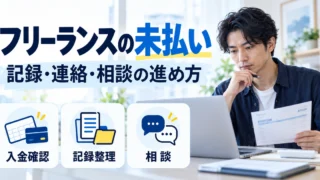 フリーランスの報酬未払いについて入金確認、記録整理、相談を考える男性