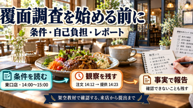 架空教材による覆面調査の説明イメージ。条件確認、注文14時12分から食事提供14時23分の観察、事実に沿う報告を示す
