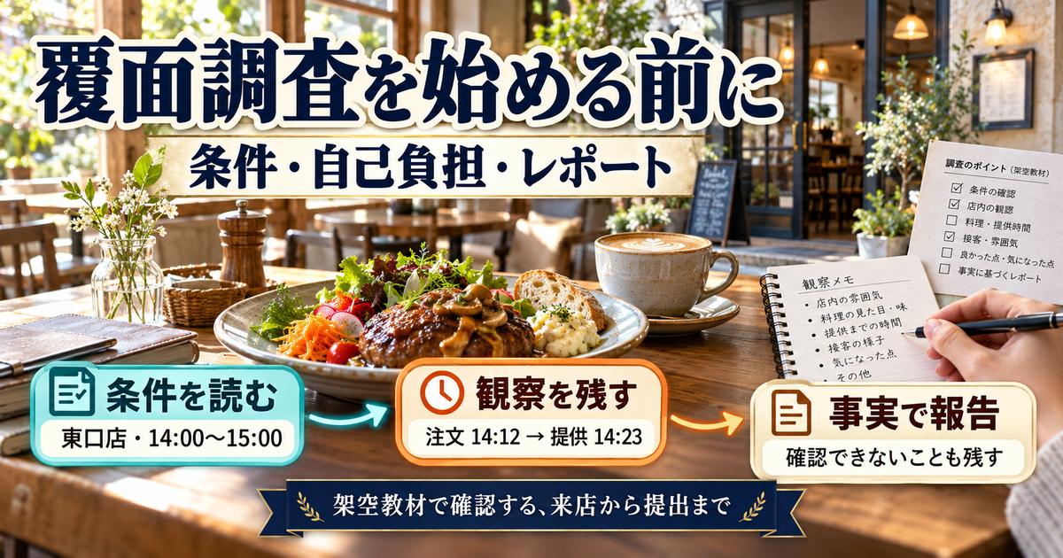 架空教材による覆面調査の説明イメージ。条件確認、注文14時12分から食事提供14時23分の観察、事実に沿う報告を示す