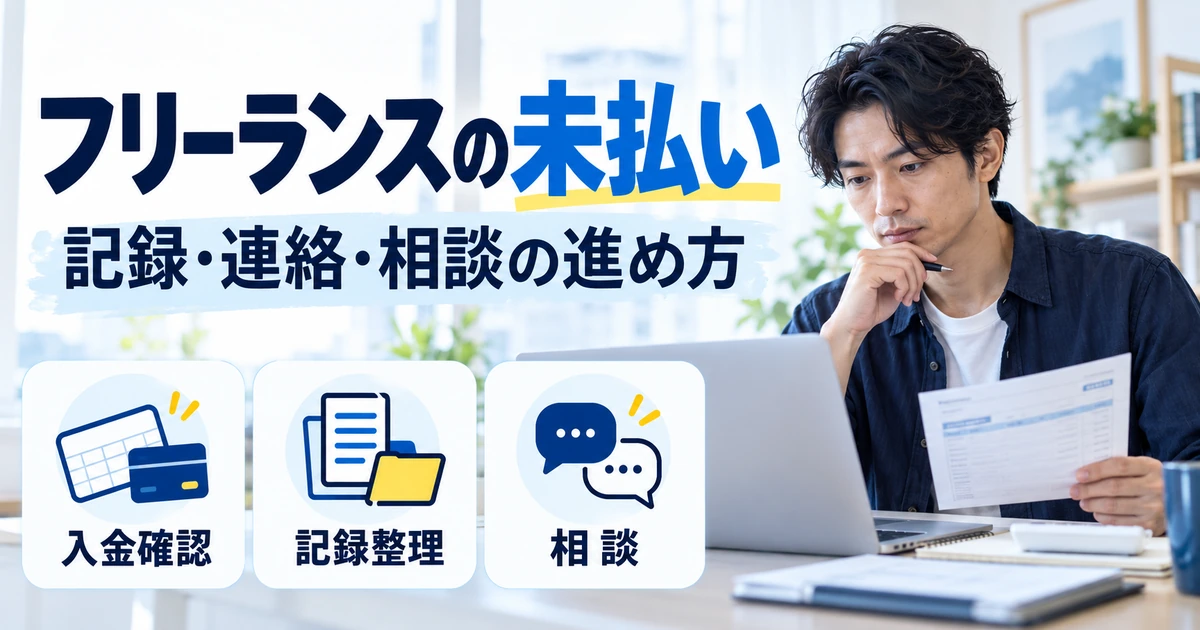 フリーランスの報酬未払いについて入金確認、記録整理、相談を考える男性