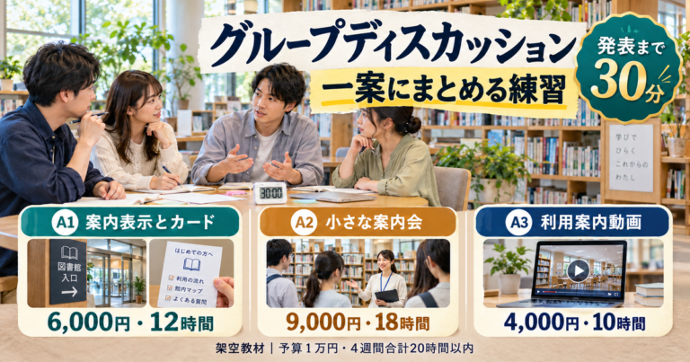 四人が図書交流室の三つの案を比較する練習イメージ。発表込み三十分と各案の費用・工数を示す