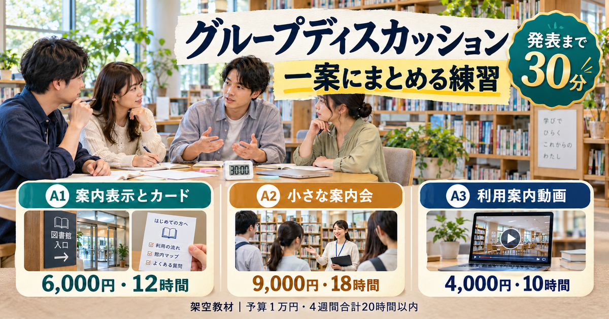 四人が図書交流室の三つの案を比較する練習イメージ。発表込み三十分と各案の費用・工数を示す