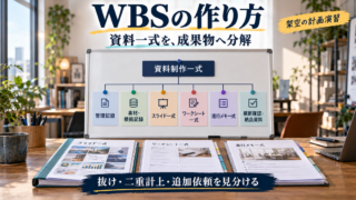架空の勉強会資料制作を、管理記録・素材記録・三種類の資料・横断確認の六親へ分解したWBS