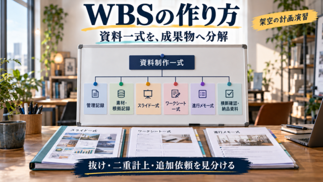 架空の勉強会資料制作を、管理記録・素材記録・三種類の資料・横断確認の六親へ分解したWBS