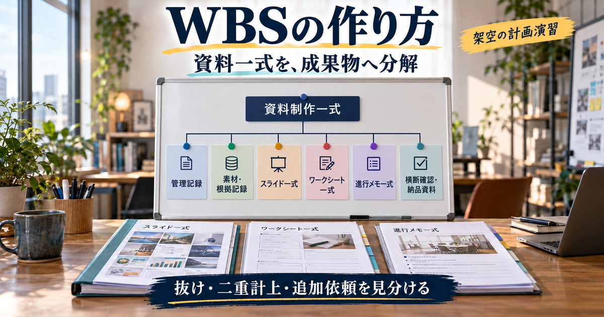 架空の勉強会資料制作を、管理記録・素材記録・三種類の資料・横断確認の六親へ分解したWBS