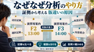 なぜなぜ分析で送信F2と承認F3を証拠から比較する架空教材