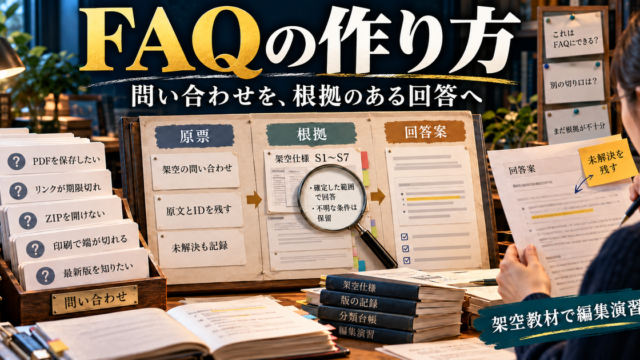 FAQの原票・架空仕様・回答案と、未解決を残す編集の流れを示す生成画像