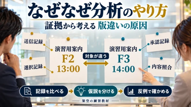 なぜなぜ分析で送信F2と承認F3を証拠から比較する架空教材