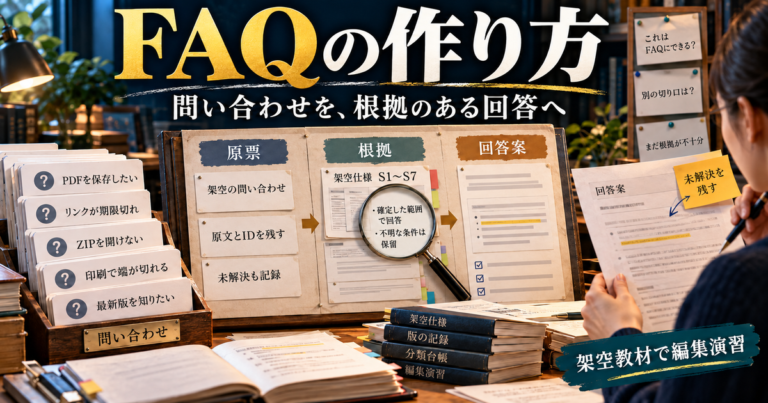 FAQの原票・架空仕様・回答案と、未解決を残す編集の流れを示す生成画像