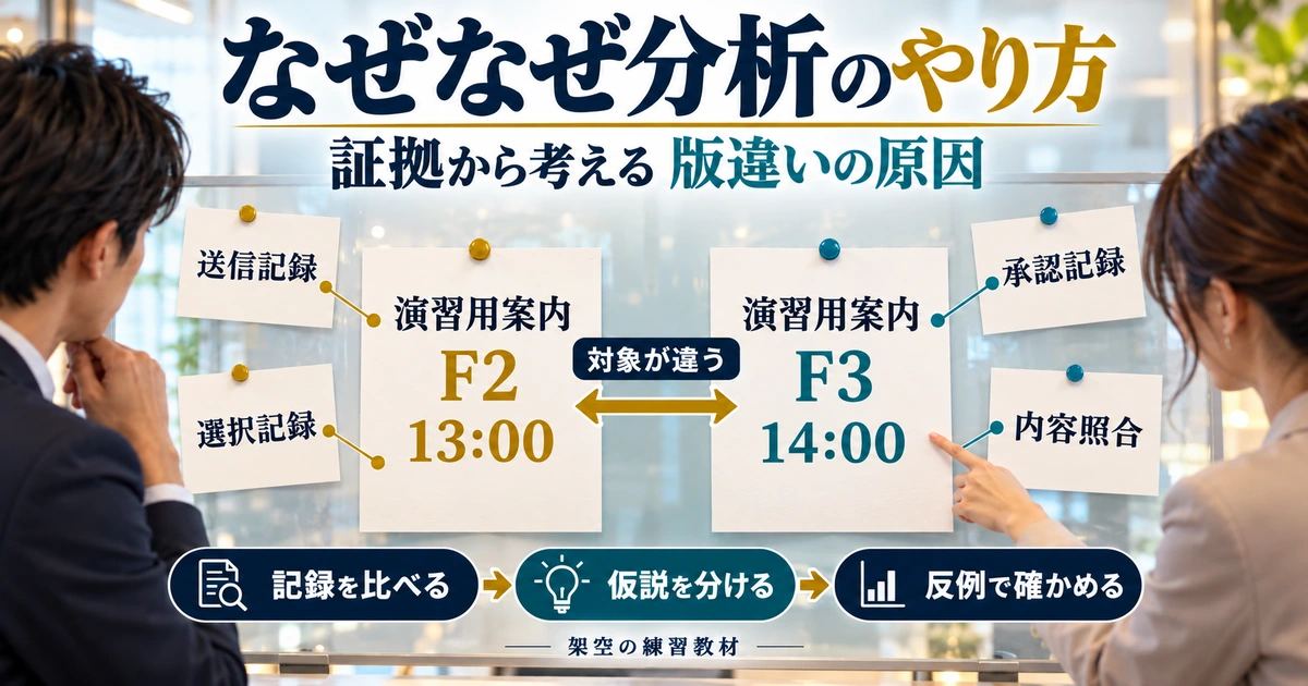 なぜなぜ分析で送信F2と承認F3を証拠から比較する架空教材