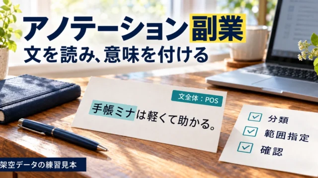 アノテーションの練習机で、文全体のPOS判定と商品名の範囲指定を分けて示した架空教材。