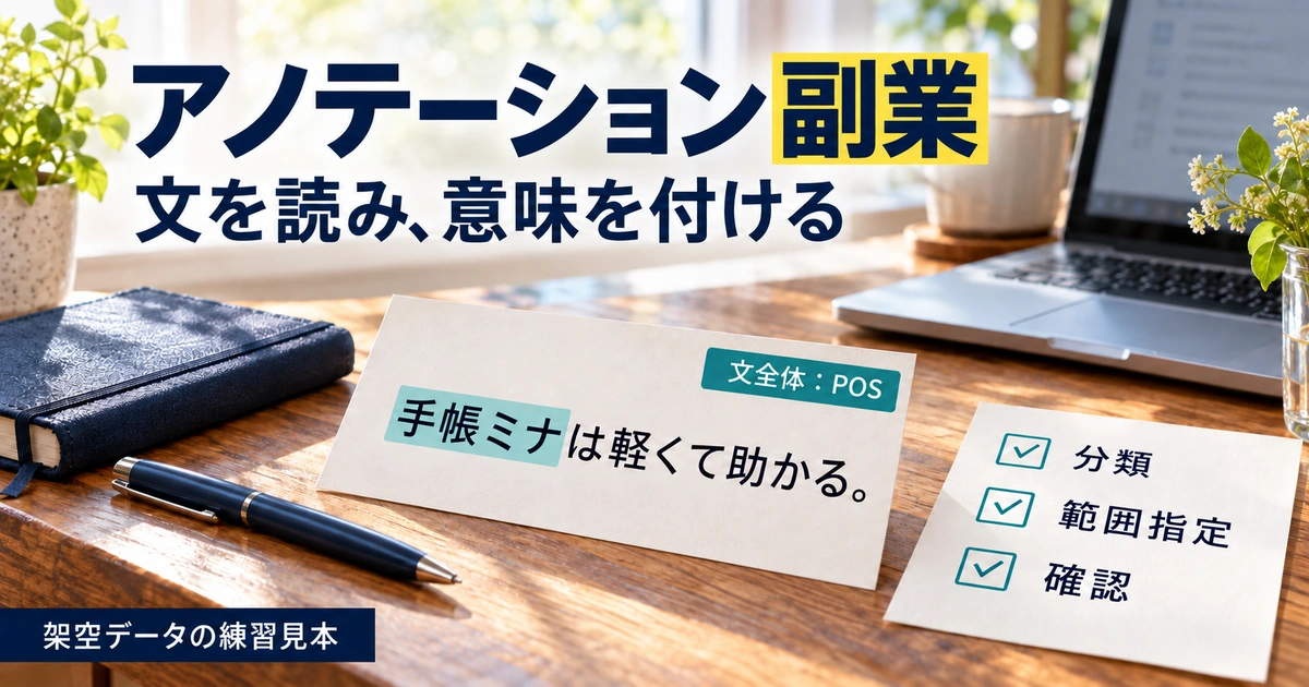 アノテーションの練習机で、文全体のPOS判定と商品名の範囲指定を分けて示した架空教材。