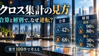 クロス集計の合算はA42%・B68%、層別は標準A90%・B80%、複合A30%・B20%となる架空100件の教材