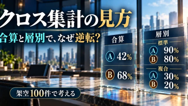 クロス集計の合算はA42%・B68%、層別は標準A90%・B80%、複合A30%・B20%となる架空100件の教材
