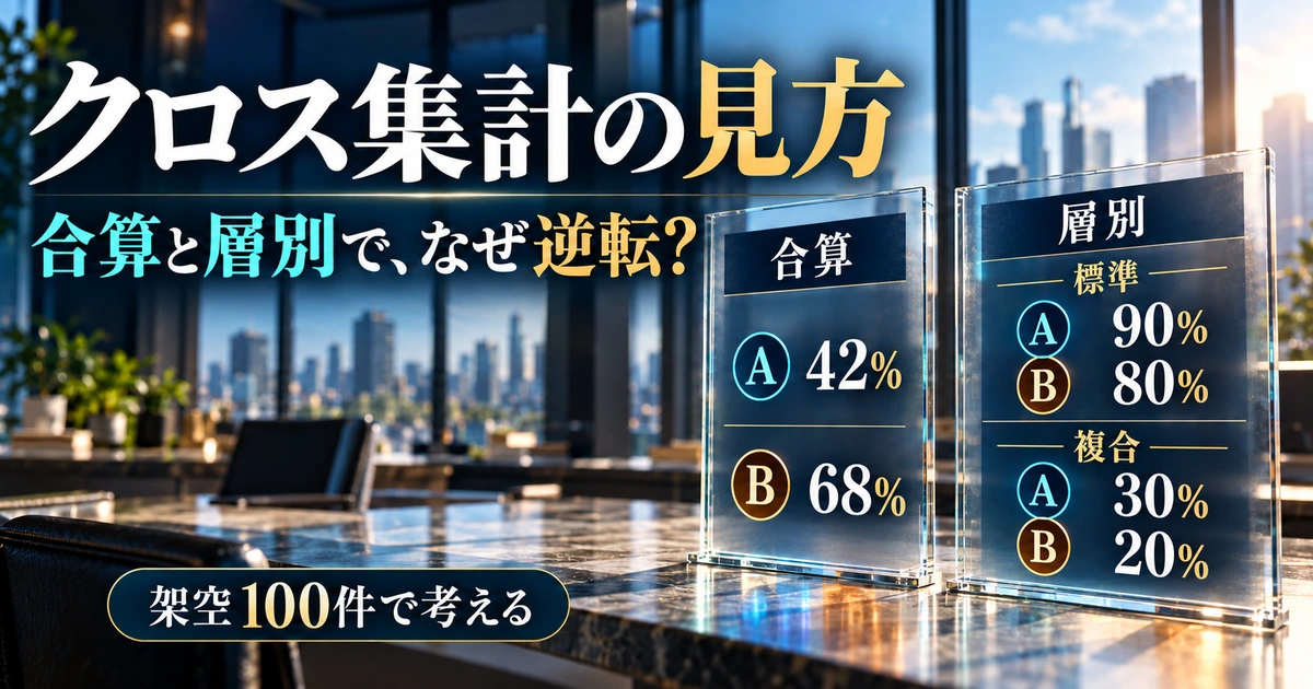 クロス集計の合算はA42%・B68%、層別は標準A90%・B80%、複合A30%・B20%となる架空100件の教材