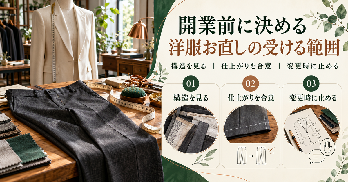 洋服お直しの開業前に、衣服の構造、仕上がりの合意、変更時の判断を整理するアトリエの図解