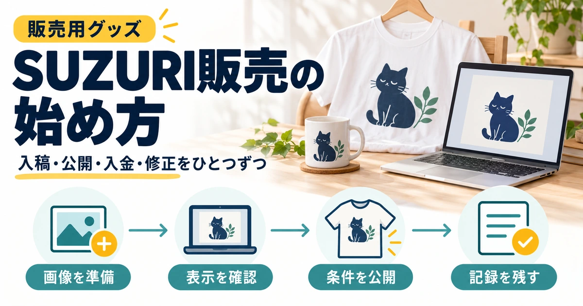 SUZURI販売の入稿、公開、入金、修正の手順と、猫と葉の図柄を使った販売用グッズのイメージ