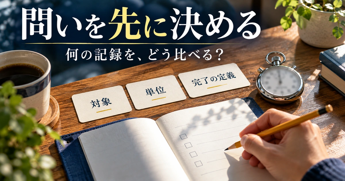 対象・単位・完了の定義をそろえ、分布を見る問いを決めるためのノートと確認カード。