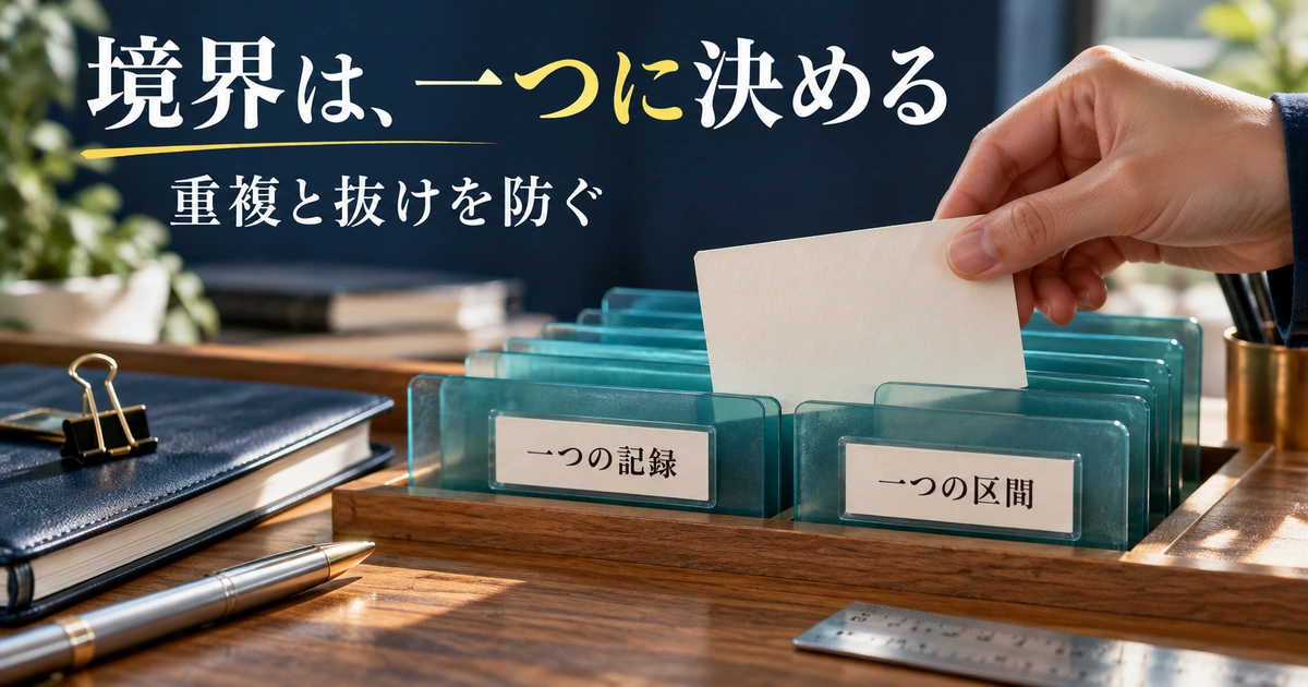 一つの記録を一つの区間へ分類し、重複や抜けを防ぐ考え方を表したカード仕分けの概念画像。