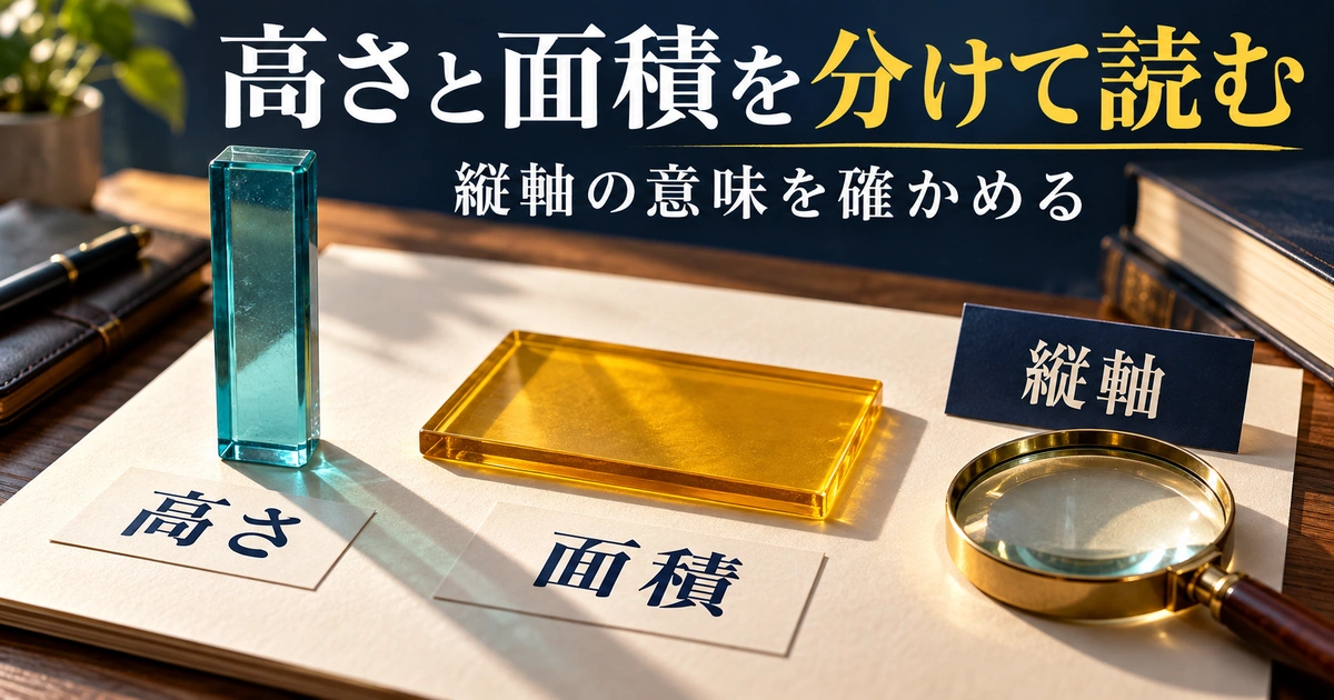 縦軸の意味を確認し、高さと面積を区別する考え方を立体と平面の道具で表した概念画像。