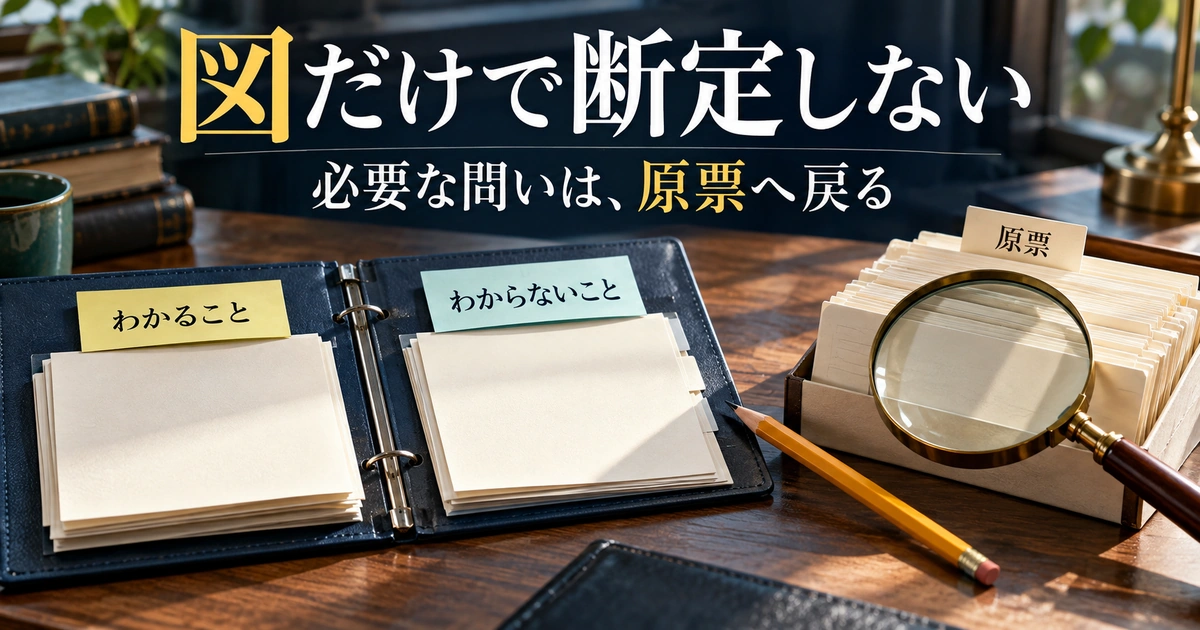 図からわかることとわからないことを分け、必要に応じて原票へ戻る考え方を表した資料と拡大鏡。