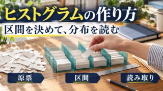 原票を区間に分けて分布を読む学習を、カード整理の机上風景で表したヒストグラムの概念画像。