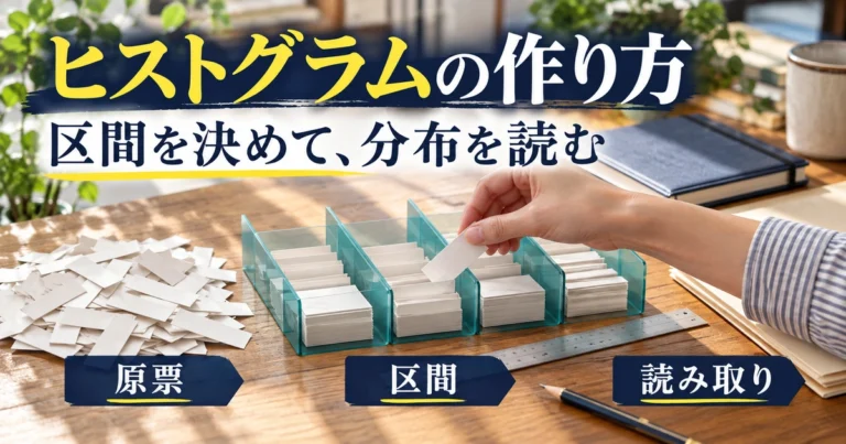 原票を区間に分けて分布を読む学習を、カード整理の机上風景で表したヒストグラムの概念画像。