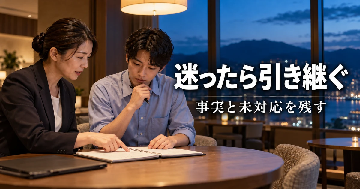 迷ったら引き継ぐ(事実と未対応を残す)の説明用生成画像