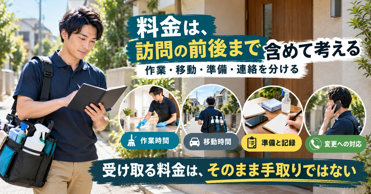 訪問の作業、移動、準備記録、変更対応まで含む料金を考える生成画像