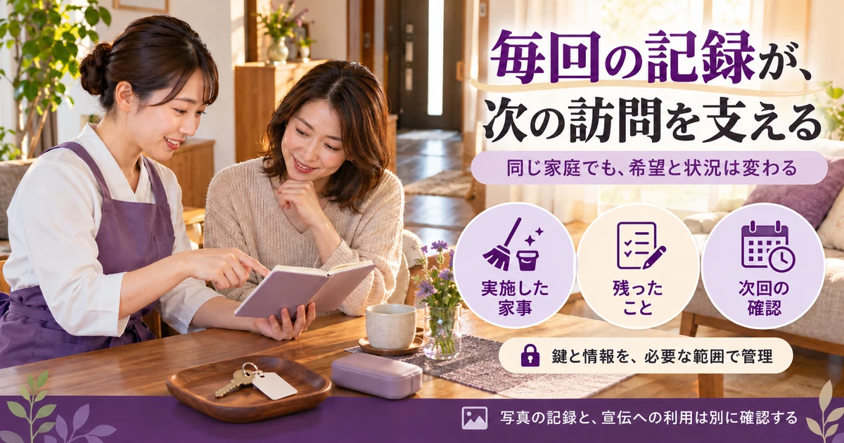 実施した家事、残ったこと、次回確認と鍵・情報の管理を示す生成画像