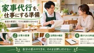 家事代行の仕事で家庭の希望、訪問準備、続けられる料金を合わせる生成画像