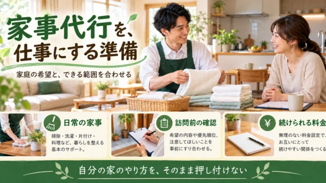 家事代行の仕事で家庭の希望、訪問準備、続けられる料金を合わせる生成画像