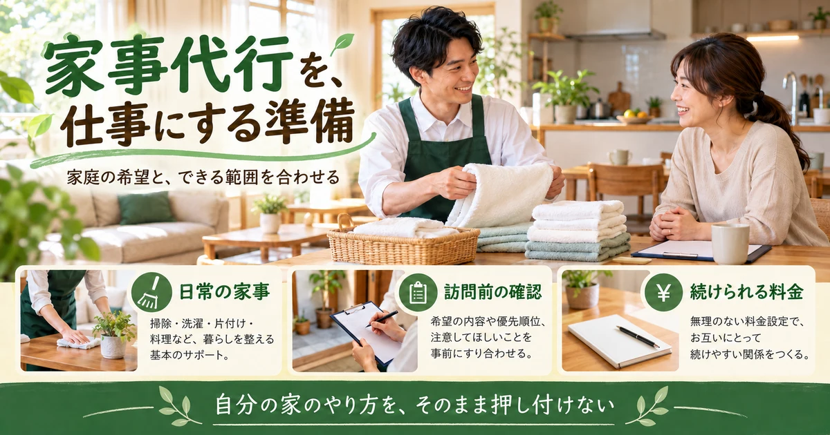 家事代行の仕事で家庭の希望、訪問準備、続けられる料金を合わせる生成画像