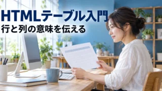 行と列の関係を考えながらHTML表を制作する女性の説明用生成画像