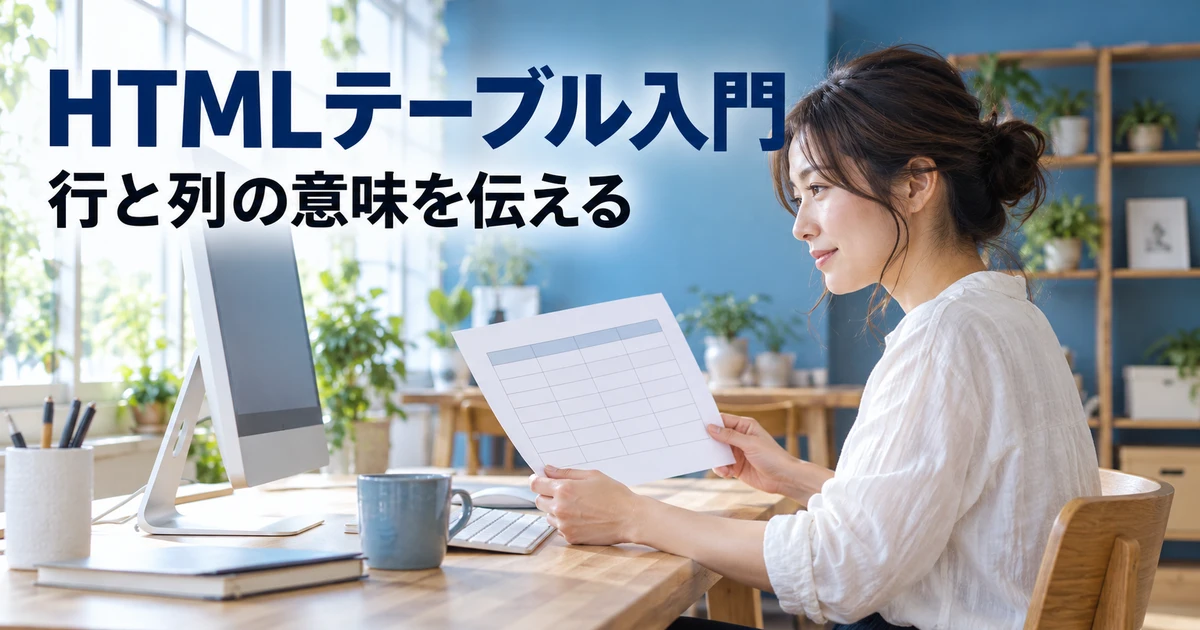 行と列の関係を考えながらHTML表を制作する女性の説明用生成画像