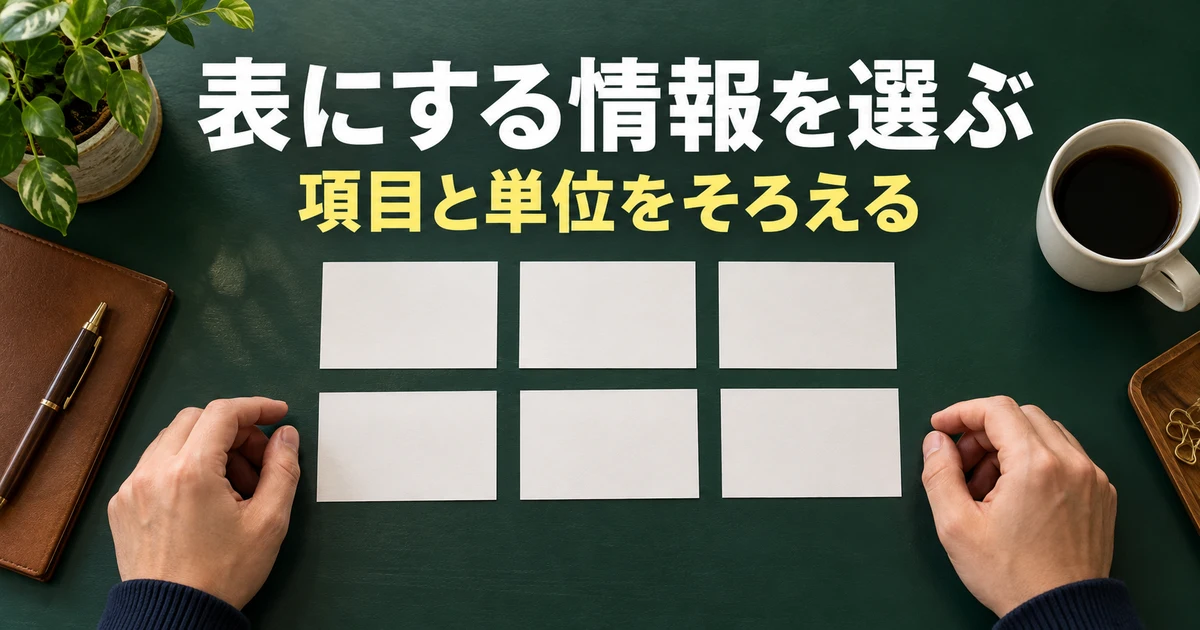 表に入れる情報の項目と単位を整理する説明用生成画像